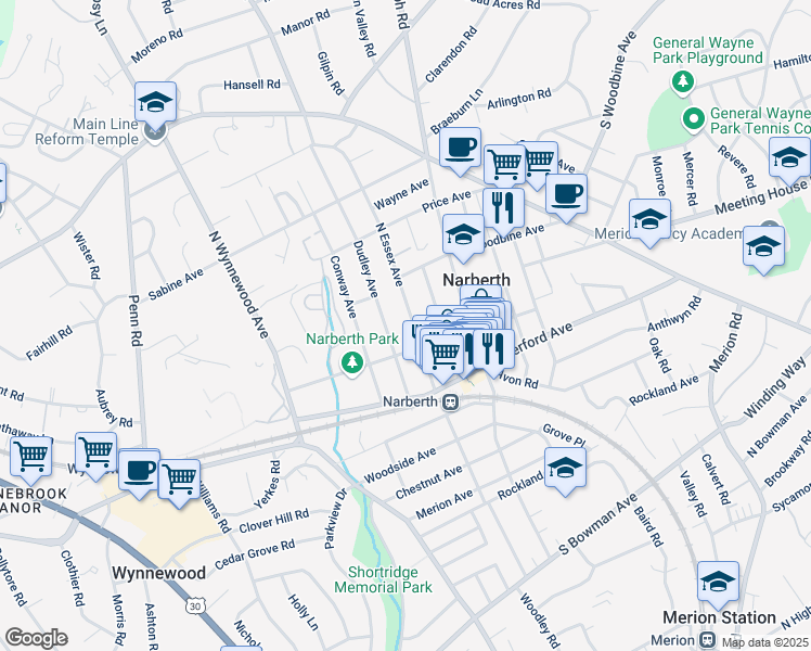 map of restaurants, bars, coffee shops, grocery stores, and more near 210 North Essex Avenue in Narberth