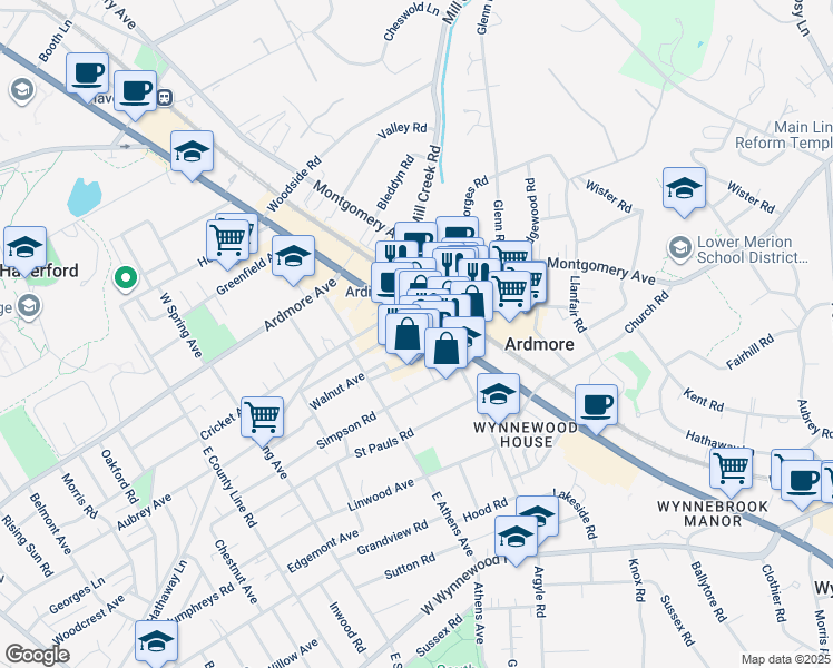 map of restaurants, bars, coffee shops, grocery stores, and more near 15 Rittenhouse Place in Ardmore