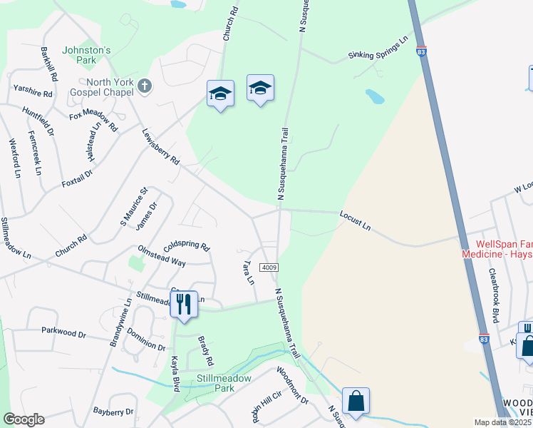 map of restaurants, bars, coffee shops, grocery stores, and more near 2705 Locust Lane in York