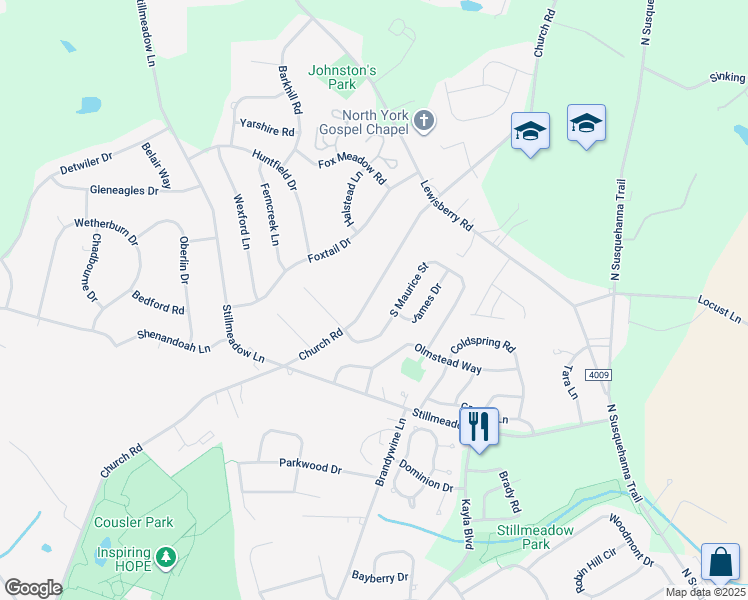 map of restaurants, bars, coffee shops, grocery stores, and more near 720 Church Road in York