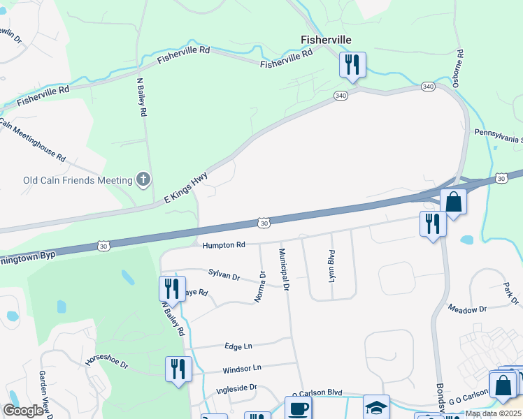 map of restaurants, bars, coffee shops, grocery stores, and more near 907 North Bailey Road in Thorndale