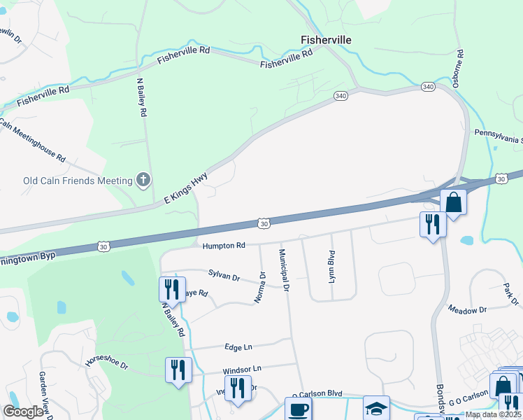 map of restaurants, bars, coffee shops, grocery stores, and more near 907 North Bailey Road in Thorndale