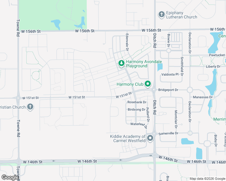 map of restaurants, bars, coffee shops, grocery stores, and more near 15108 Larchwood Drive in Westfield