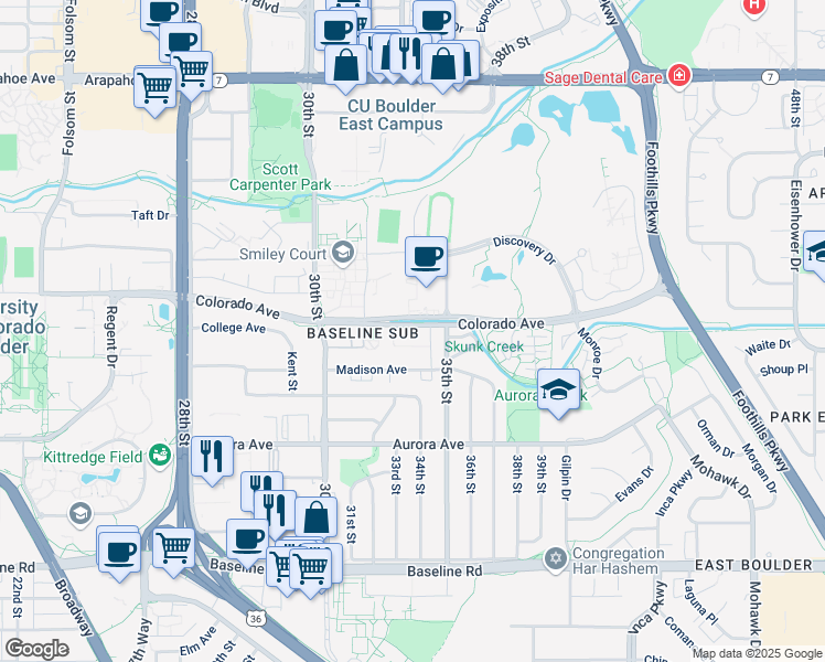 map of restaurants, bars, coffee shops, grocery stores, and more near 1135 35th Street in Boulder