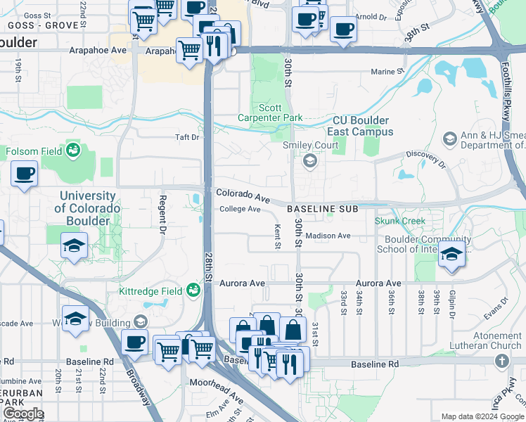 map of restaurants, bars, coffee shops, grocery stores, and more near 1030 Adams Circle in Boulder