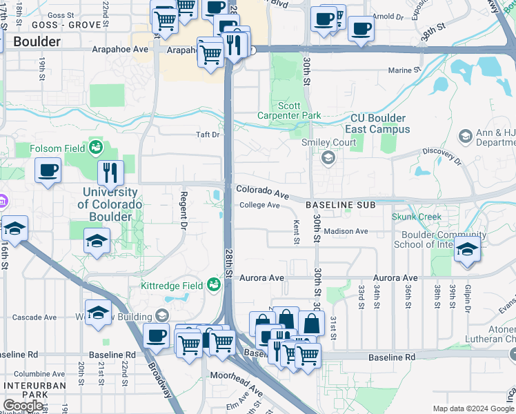 map of restaurants, bars, coffee shops, grocery stores, and more near 222 Village Drive in Boulder
