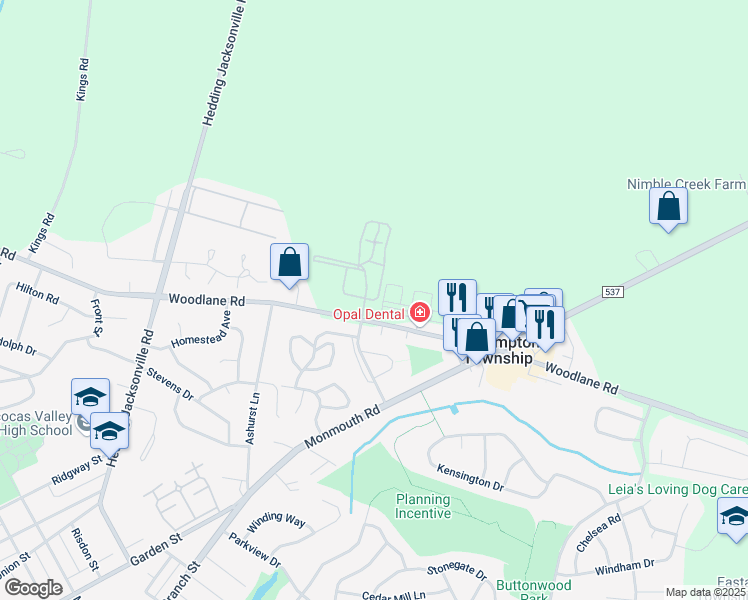 map of restaurants, bars, coffee shops, grocery stores, and more near 1100 Woodlane Road in Mount Holly