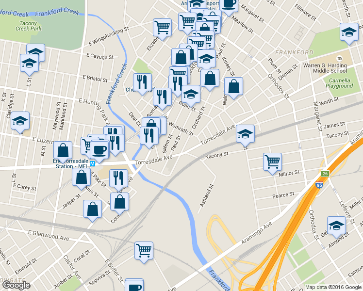 map of restaurants, bars, coffee shops, grocery stores, and more near 4165 Torresdale Avenue in Philadelphia