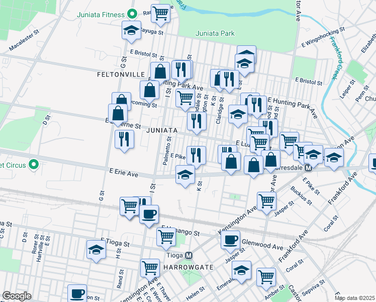 map of restaurants, bars, coffee shops, grocery stores, and more near 3850 Lawndale Street in Philadelphia