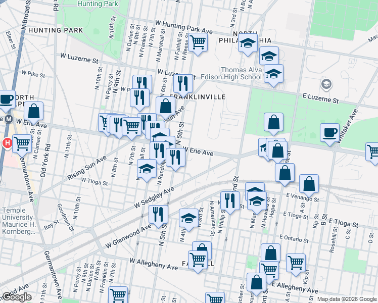 map of restaurants, bars, coffee shops, grocery stores, and more near 3626 North Lawrence Street in Philadelphia