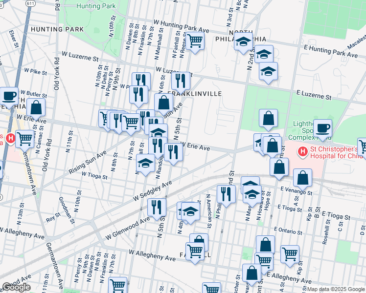 map of restaurants, bars, coffee shops, grocery stores, and more near 3626 North Lawrence Street in Philadelphia