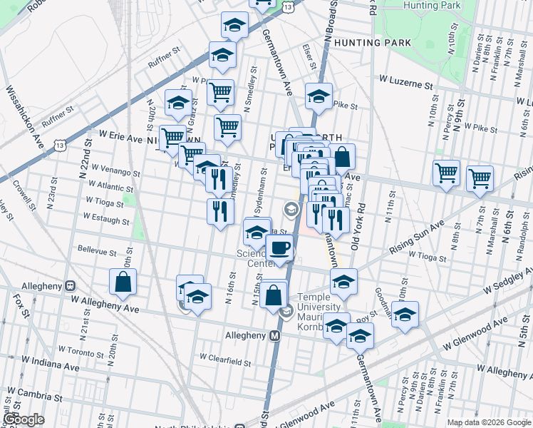 map of restaurants, bars, coffee shops, grocery stores, and more near in Philadelphia