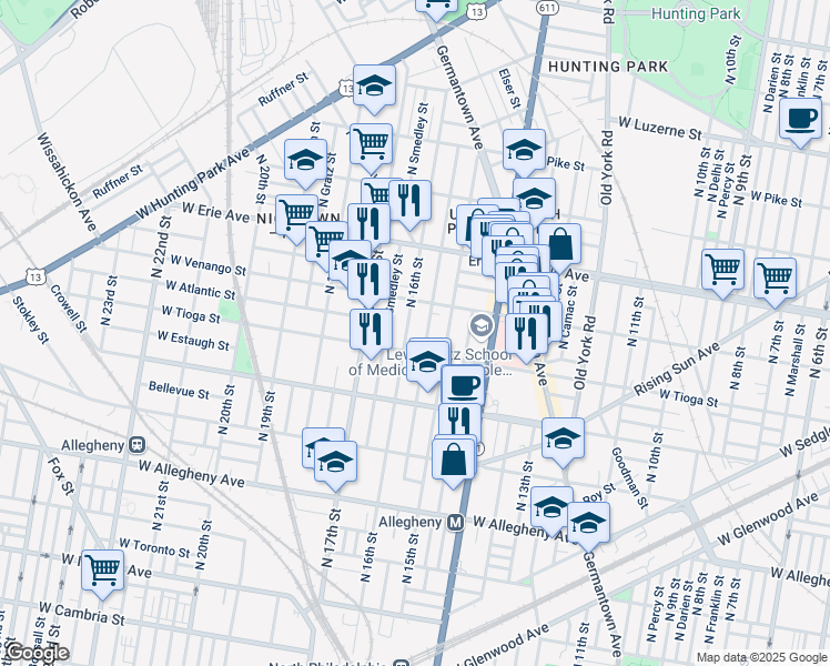 map of restaurants, bars, coffee shops, grocery stores, and more near 1526 West Tioga Street in Philadelphia