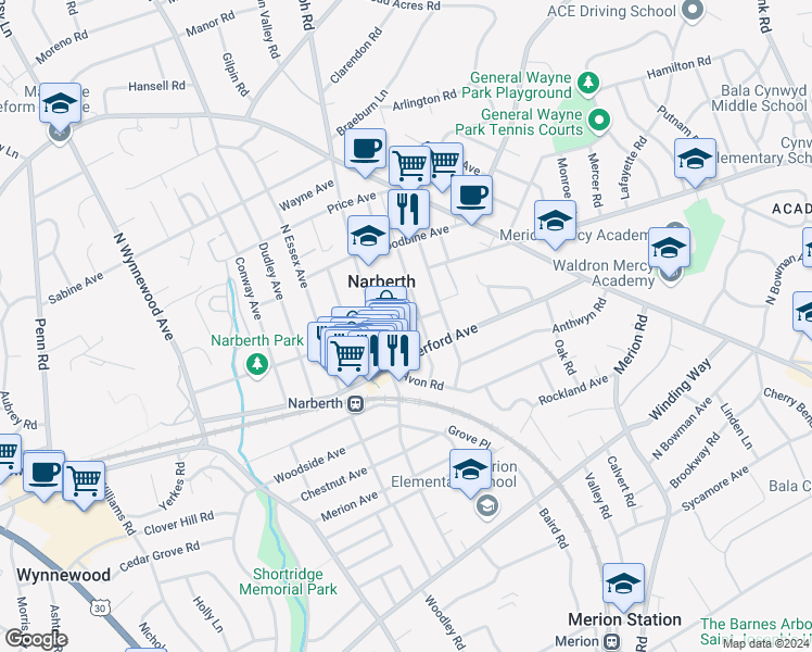 map of restaurants, bars, coffee shops, grocery stores, and more near in Narberth