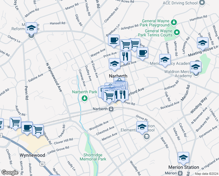 map of restaurants, bars, coffee shops, grocery stores, and more near 144 North Narberth Avenue in Narberth