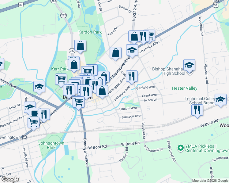 map of restaurants, bars, coffee shops, grocery stores, and more near 332 Jefferson Avenue in Downingtown