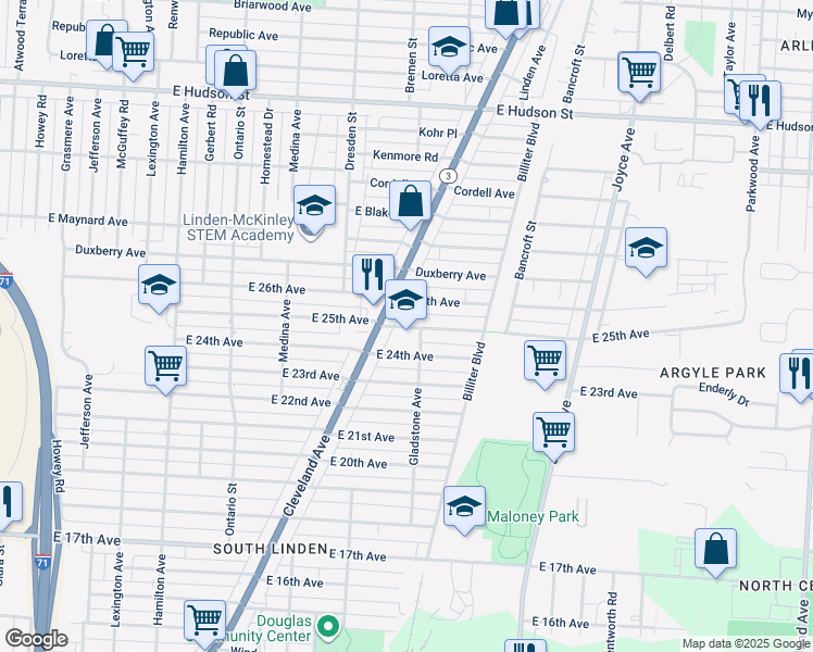 map of restaurants, bars, coffee shops, grocery stores, and more near 1966 Cleveland Avenue in Columbus