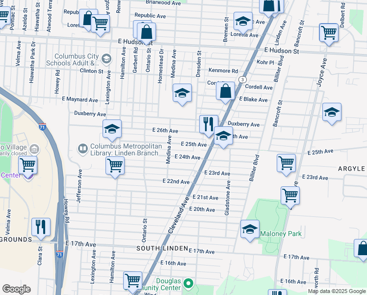 map of restaurants, bars, coffee shops, grocery stores, and more near 1294 East 24th Avenue in Columbus