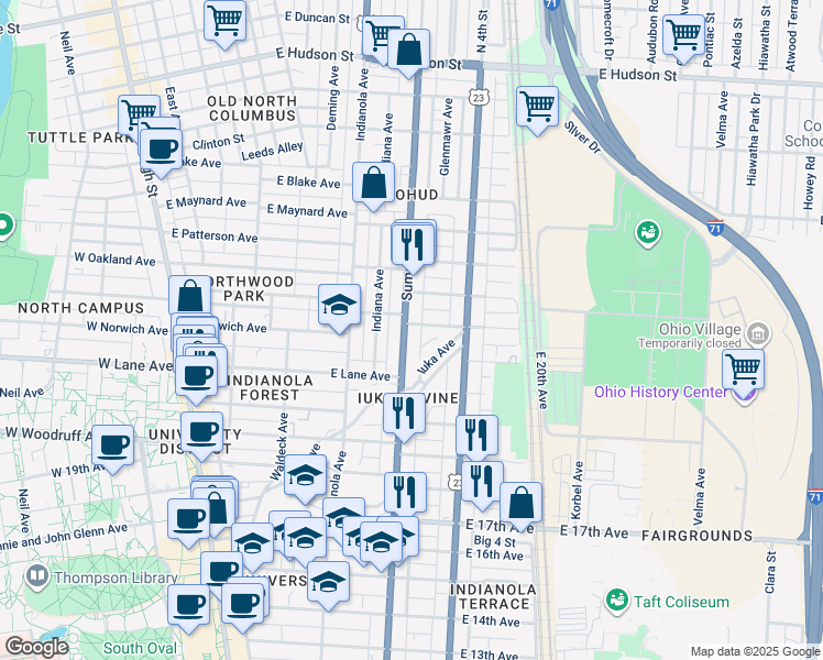 map of restaurants, bars, coffee shops, grocery stores, and more near 2111 Summit Street in Columbus