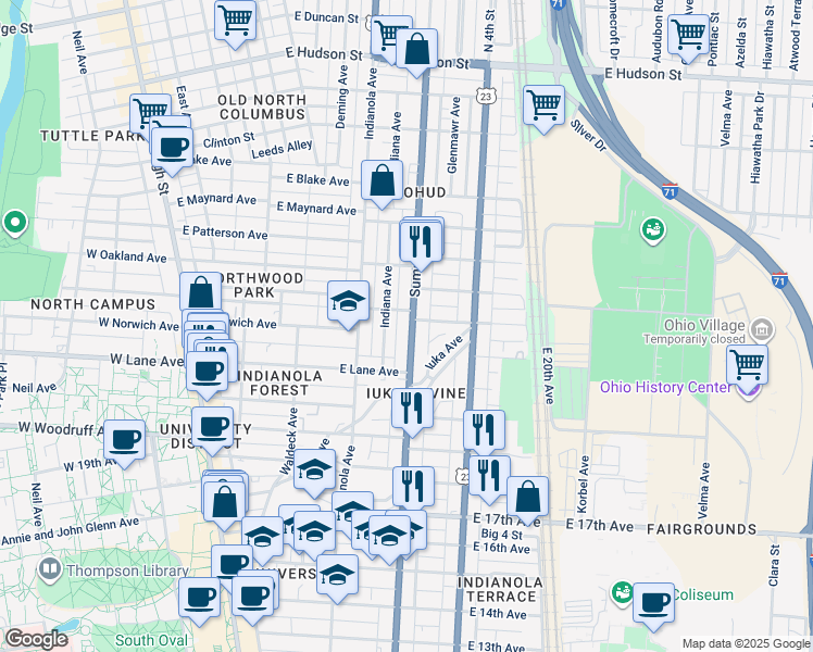 map of restaurants, bars, coffee shops, grocery stores, and more near 2111 Summit Street in Columbus
