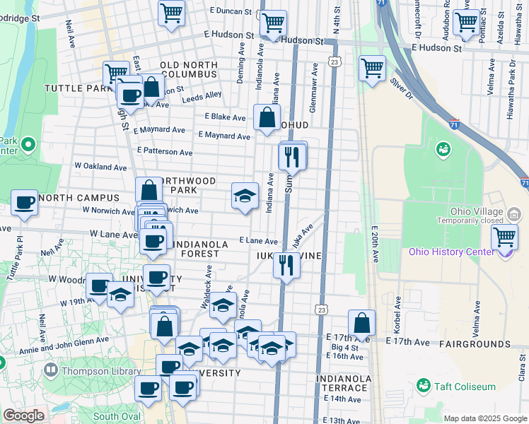 map of restaurants, bars, coffee shops, grocery stores, and more near 2132 Indianola Avenue in Columbus