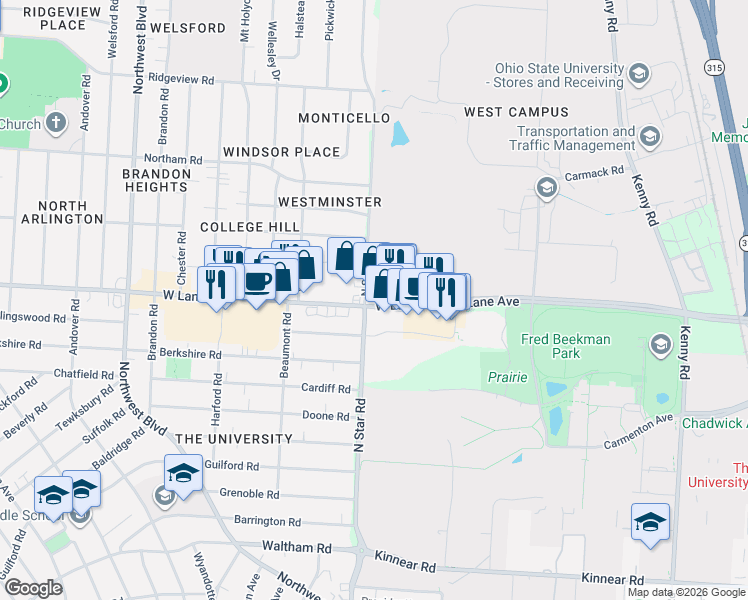 map of restaurants, bars, coffee shops, grocery stores, and more near 1397 West Lane Avenue in Columbus