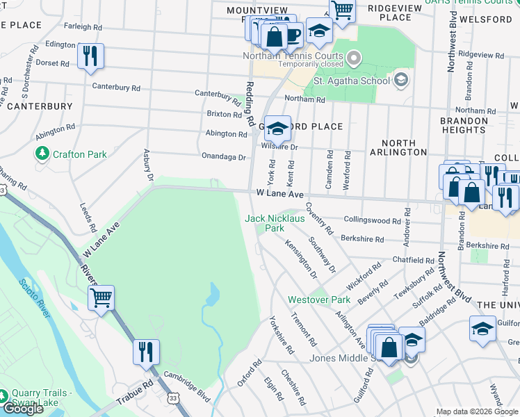 map of restaurants, bars, coffee shops, grocery stores, and more near 2489 Tremont Road in Columbus