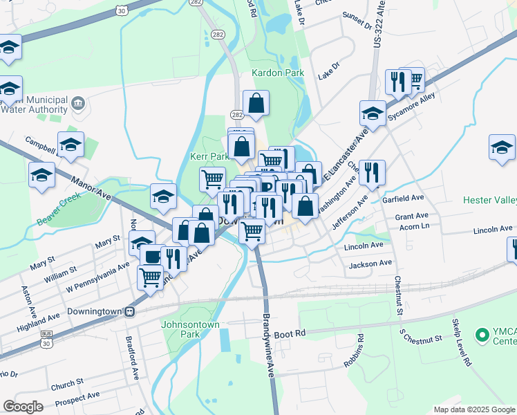 map of restaurants, bars, coffee shops, grocery stores, and more near 6 Wood Alley in Downingtown