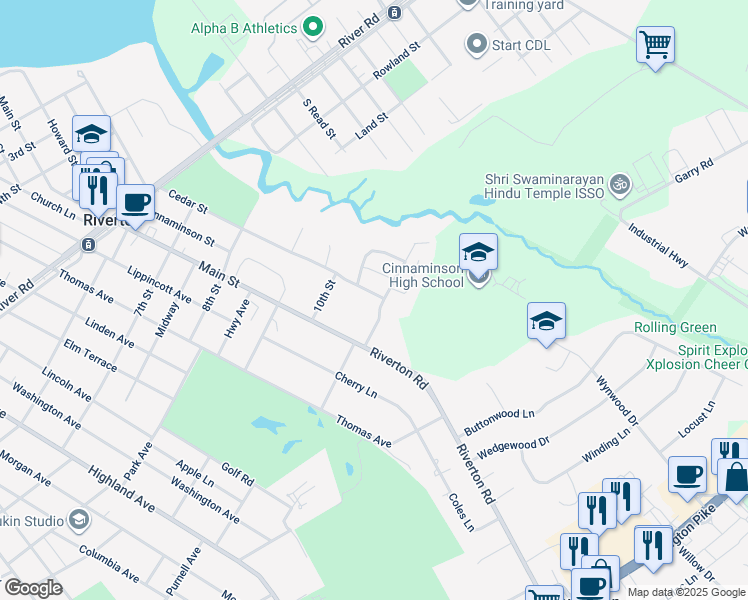 map of restaurants, bars, coffee shops, grocery stores, and more near 1012 Cedar Street in Cinnaminson