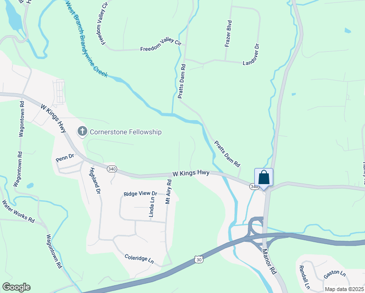 map of restaurants, bars, coffee shops, grocery stores, and more near 104 Evergreen Drive in Coatesville