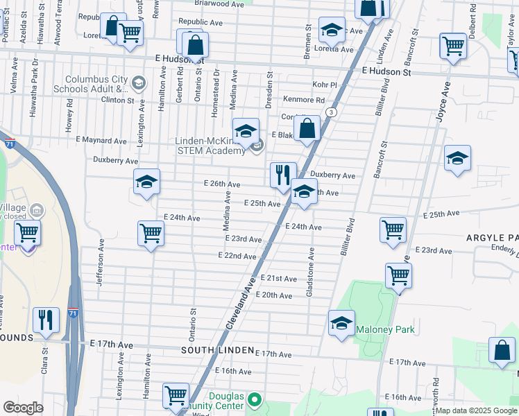 map of restaurants, bars, coffee shops, grocery stores, and more near 1337 East 25th Avenue in Columbus