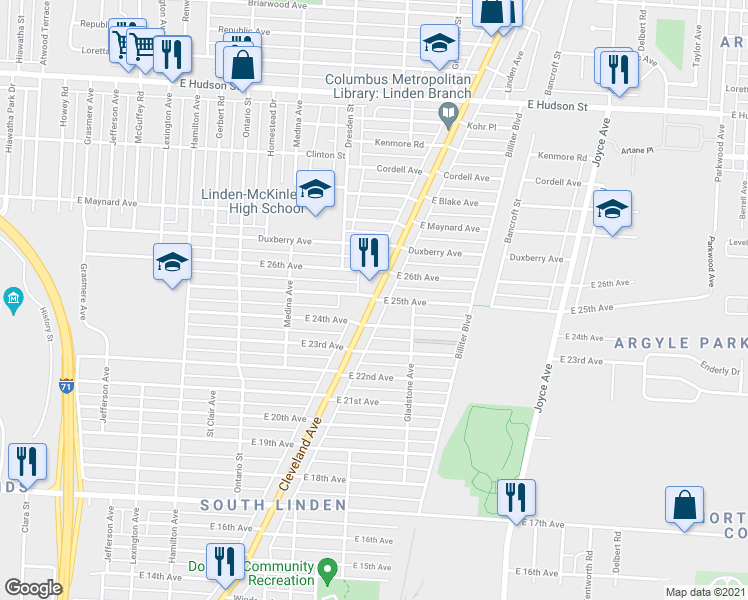 map of restaurants, bars, coffee shops, grocery stores, and more near Cleveland Avenue & East 25th Avenue in Columbus