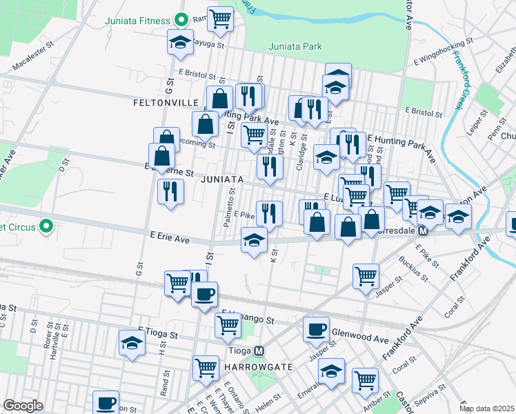 map of restaurants, bars, coffee shops, grocery stores, and more near 3850 Lawndale Street in Philadelphia