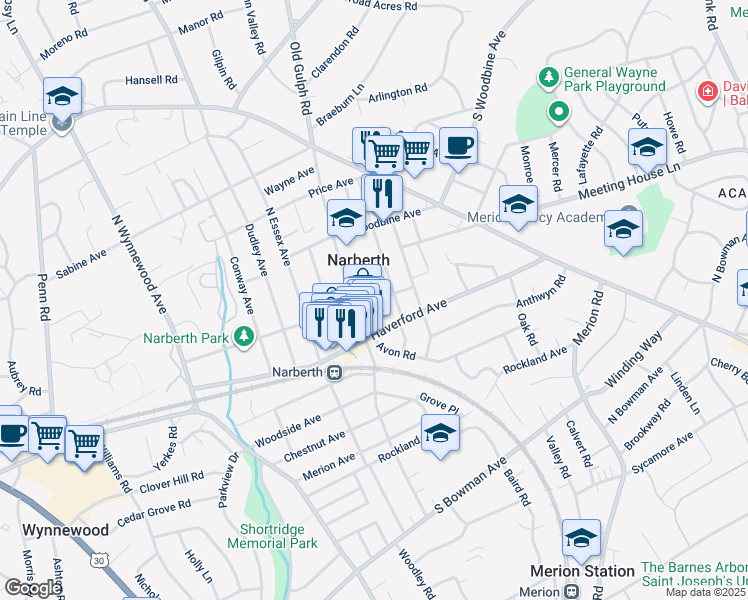 map of restaurants, bars, coffee shops, grocery stores, and more near 302 Windsor Avenue in Narberth