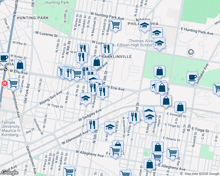 map of restaurants, bars, coffee shops, grocery stores, and more near 3626 North Lawrence Street in Philadelphia