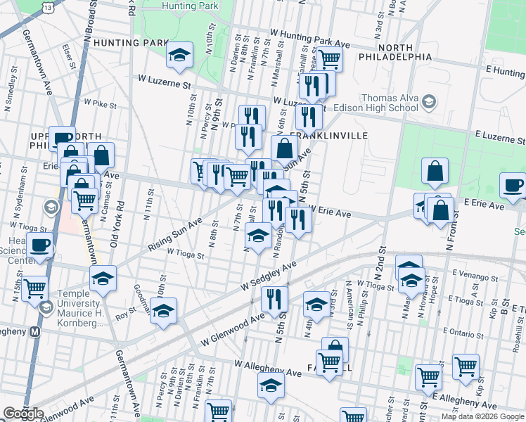 map of restaurants, bars, coffee shops, grocery stores, and more near 3619 North Marshall Street in Philadelphia