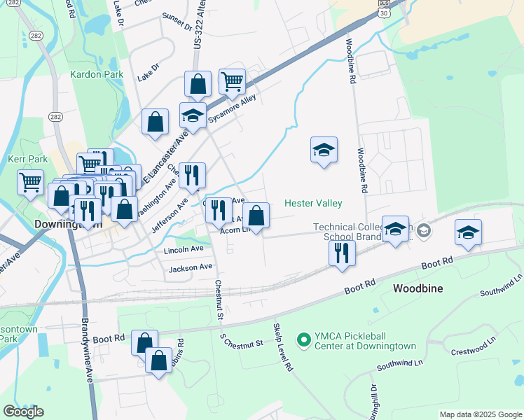map of restaurants, bars, coffee shops, grocery stores, and more near 450 Grant Avenue in Downingtown