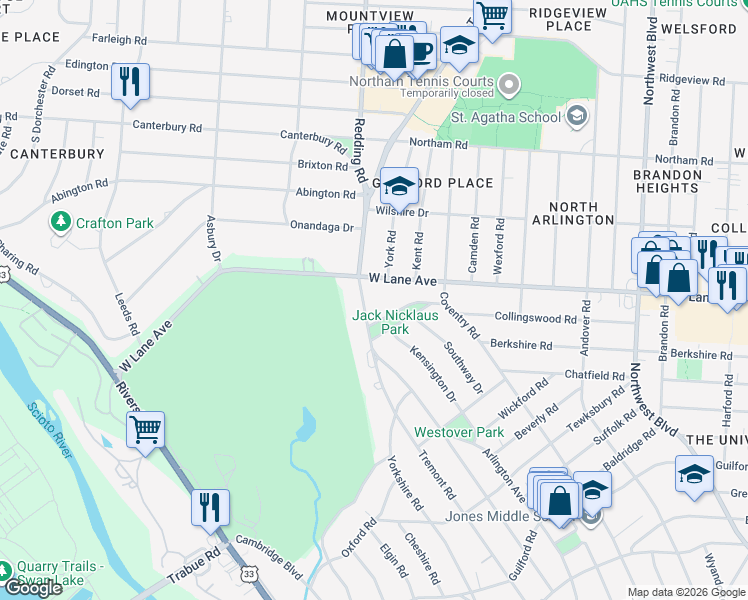 map of restaurants, bars, coffee shops, grocery stores, and more near 2489 Tremont Road in Columbus