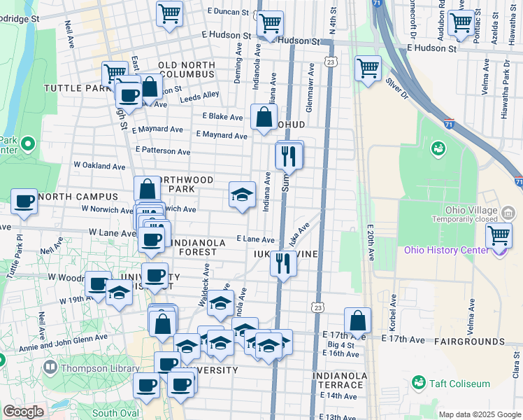 map of restaurants, bars, coffee shops, grocery stores, and more near 2132 Indianola Avenue in Columbus