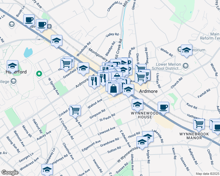 map of restaurants, bars, coffee shops, grocery stores, and more near 25 South Cricket Terrace in Ardmore