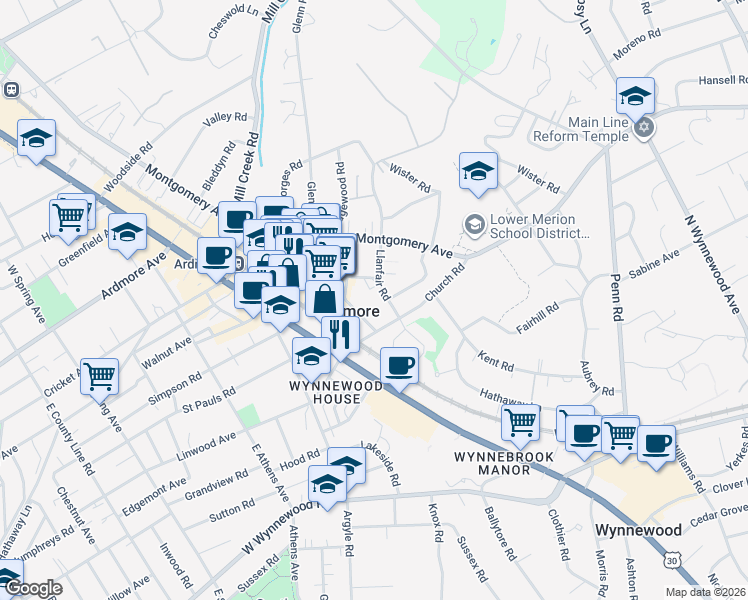 map of restaurants, bars, coffee shops, grocery stores, and more near 28 Llanfair Road in Ardmore