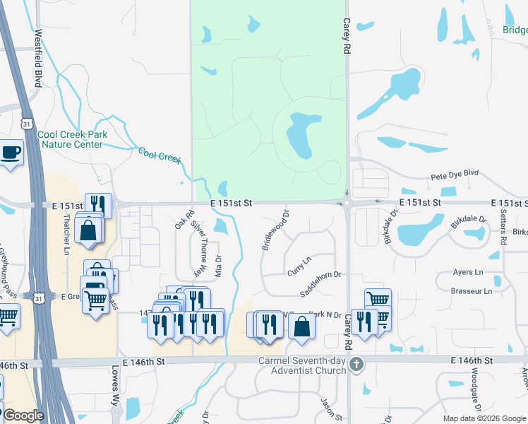 map of restaurants, bars, coffee shops, grocery stores, and more near 2914 Bridlewood Lane in Carmel