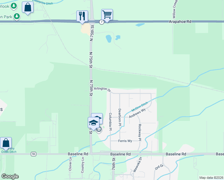 map of restaurants, bars, coffee shops, grocery stores, and more near 7621 Arlington Drive in Boulder