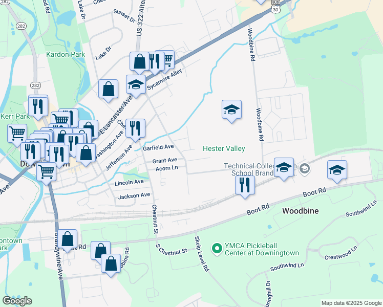 map of restaurants, bars, coffee shops, grocery stores, and more near 508 Mark Lane in Downingtown