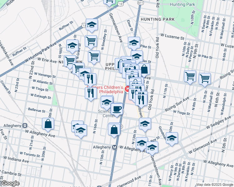 map of restaurants, bars, coffee shops, grocery stores, and more near 3530 North Carlisle Street in Philadelphia