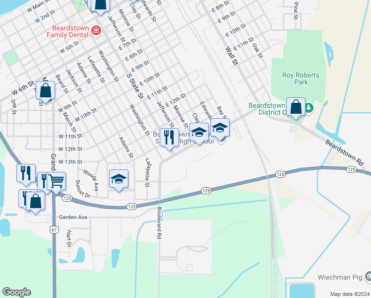 map of restaurants, bars, coffee shops, grocery stores, and more near 200 East 15th Street in Beardstown