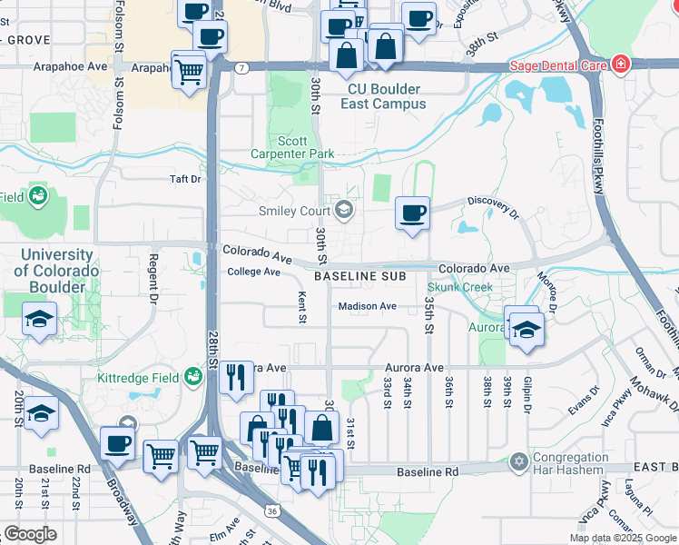 map of restaurants, bars, coffee shops, grocery stores, and more near 3000 Colorado Avenue in Boulder