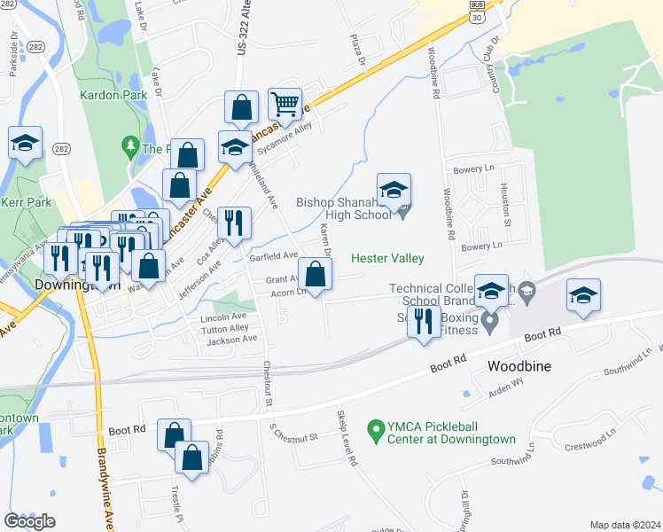 map of restaurants, bars, coffee shops, grocery stores, and more near 508 Mark Lane in Downingtown