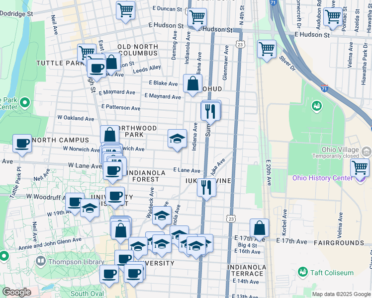 map of restaurants, bars, coffee shops, grocery stores, and more near 2132 Indianola Avenue in Columbus