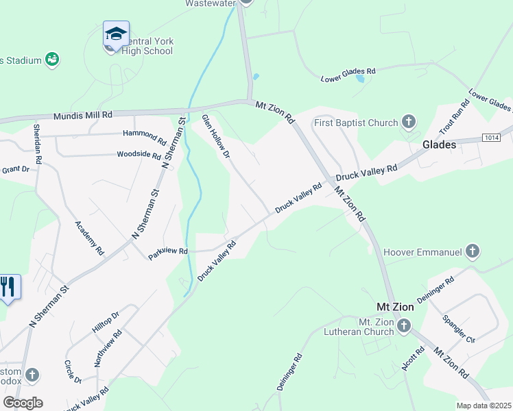 map of restaurants, bars, coffee shops, grocery stores, and more near 2804 Glen Hollow Drive in York